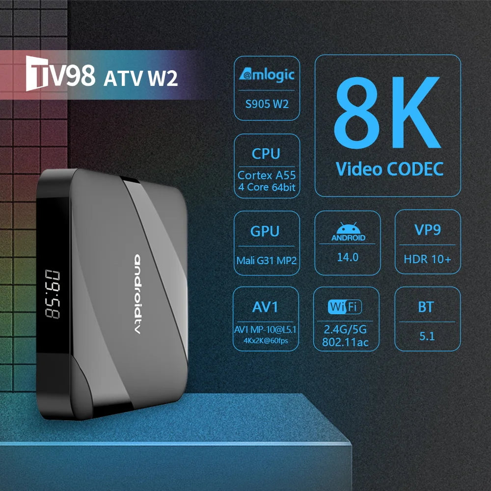 1-Tv Box, Android TV, Dispositivo de TV inteligente TV98 ATV W2, Certificado Android 14, 4GB, Amlogic S905W2, cuatro núcleos, WIFI Dual, control remoto por voz, , reproductor multimedia, 8K, 4K